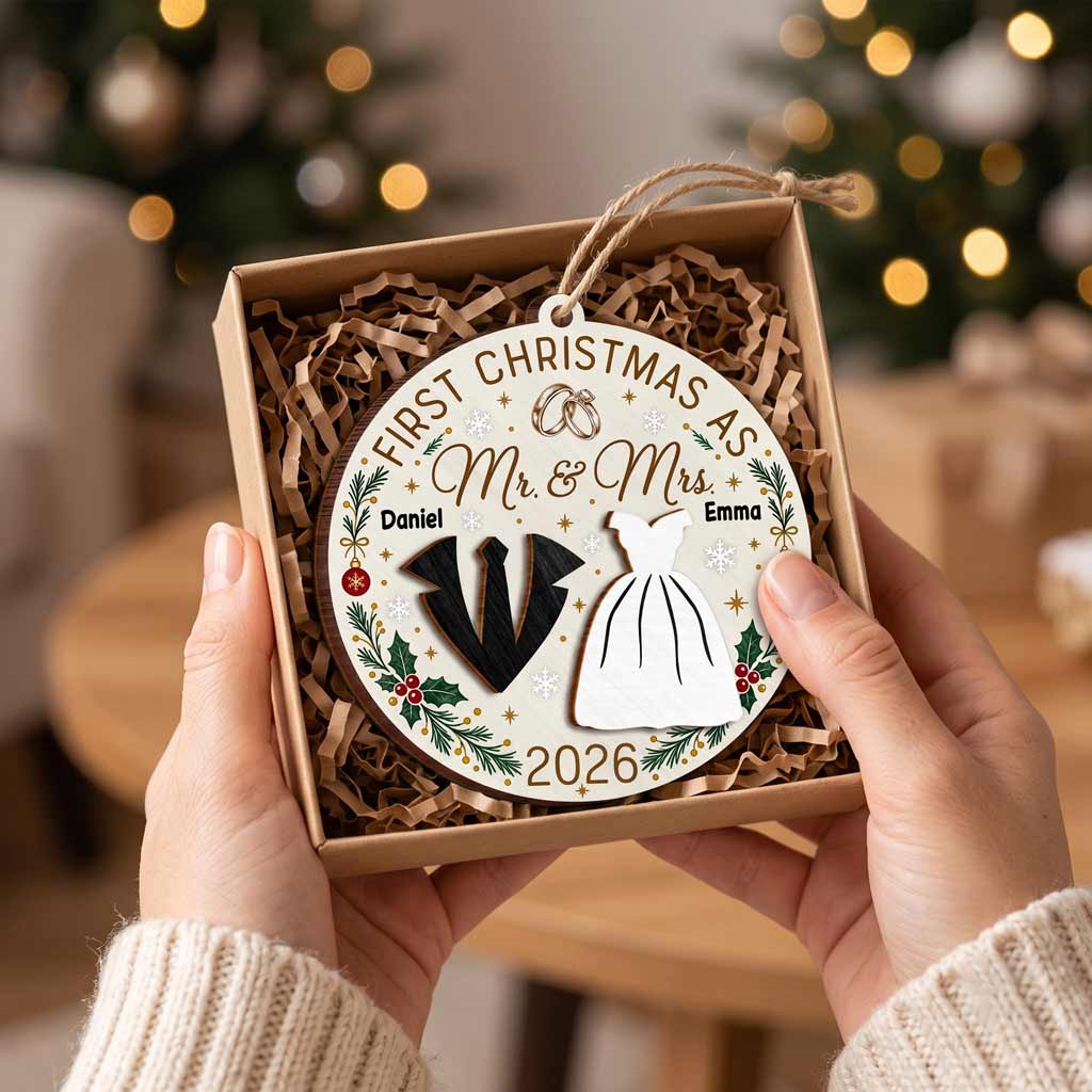 First Christmas As Mr & Mrs 2026 Wedding Rings Bride Groom Custom Name Wedding Newlywed Keepsake Wooden Christmas Ornament