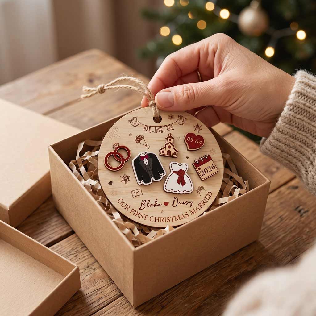 Our First Christmas Married 2026 Wedding Icons Custom Name & Date Wedding Newlywed Couple Gift Wooden Christmas Ornament