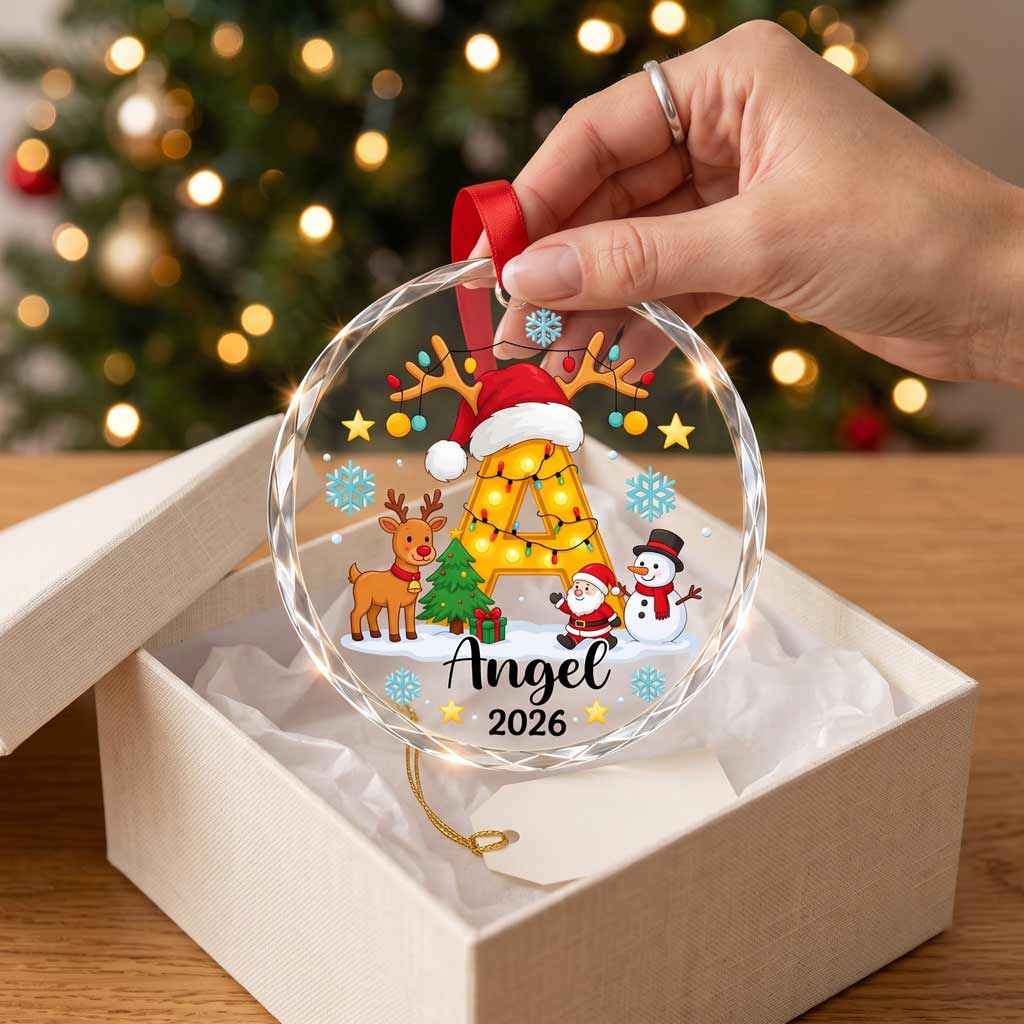 Christmas Initial Santa Reindeer Custom Name 2026 Family Holiday Round Glass Christmas Ornament
