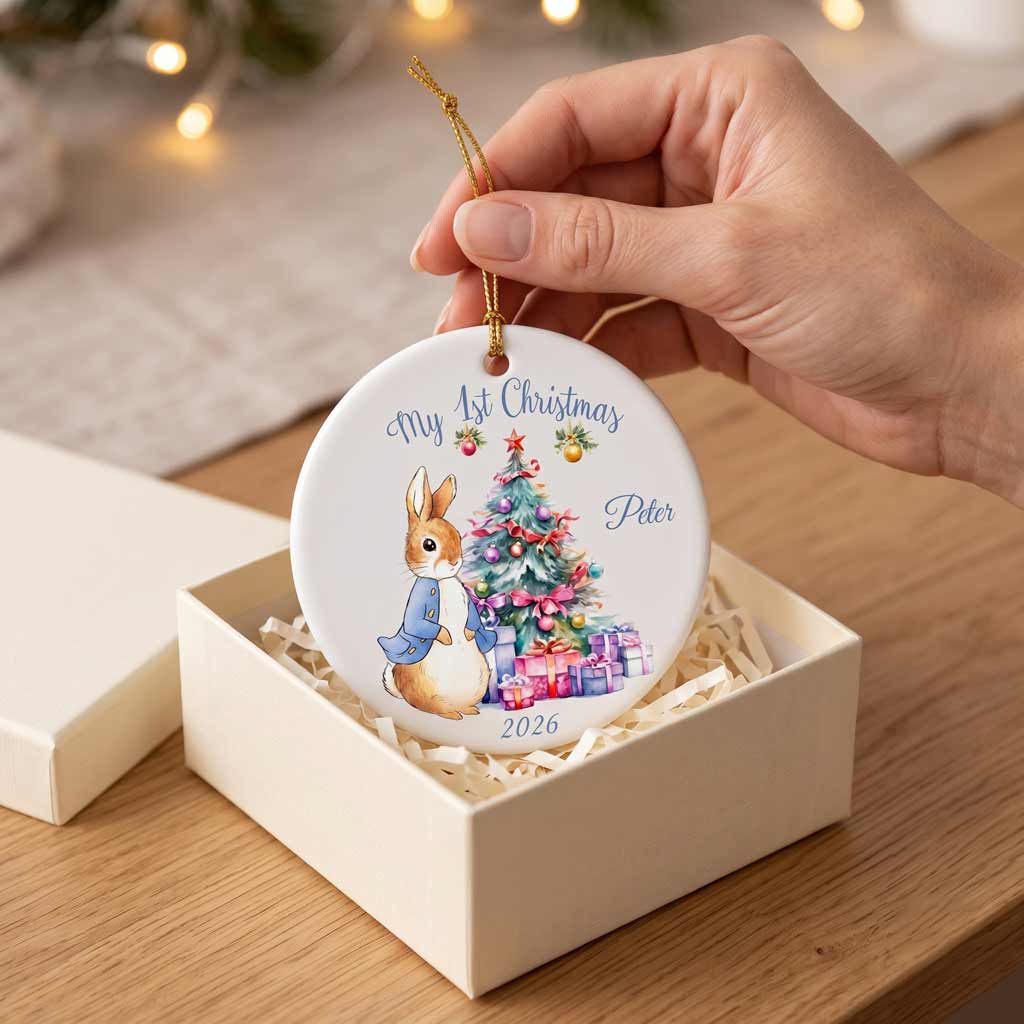 My First Christmas  Rabbit Custom Name 2026 Newborn Baby Round Ceramic Christmas Ornament