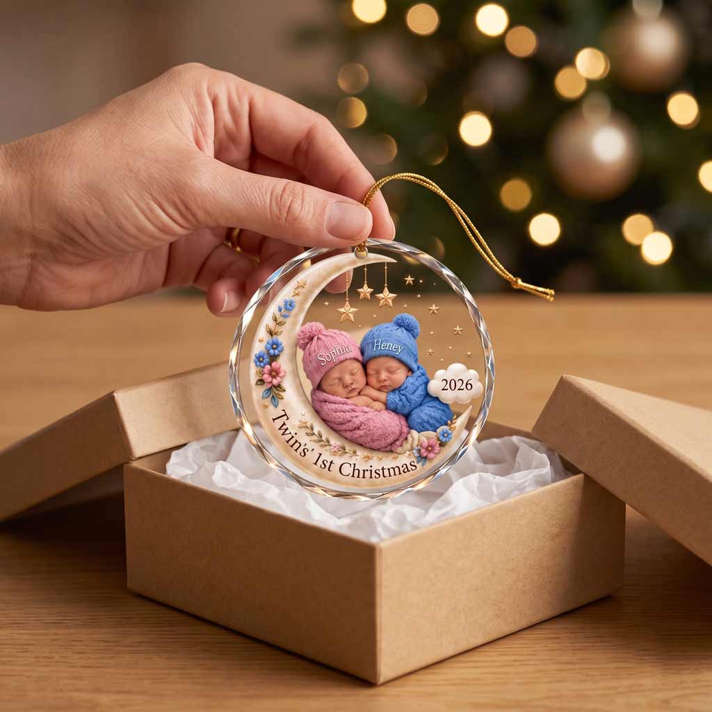 Twins' First Christmas 2026 Baby in Moon and Stars Photo Keepsake Personalized Newborn Round Glass Christmas Ornament