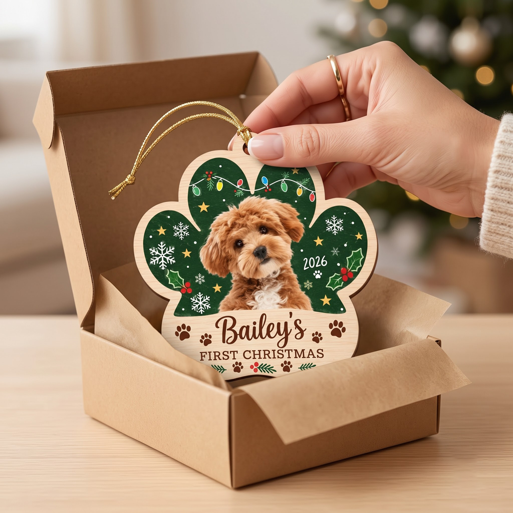 Dog's First Christmas Custom Photo Name Dog Photo Wooden Ornament