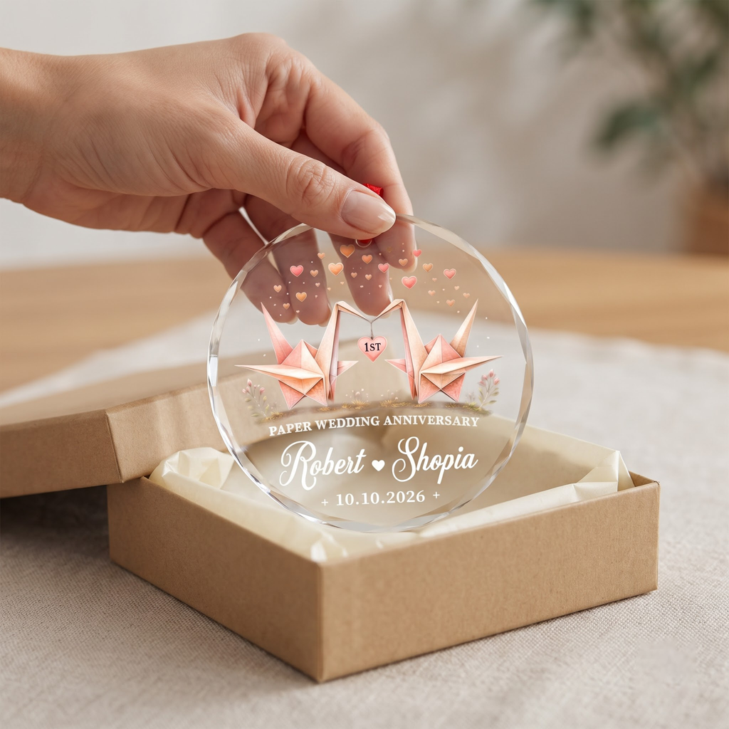 Paper Wedding Anniversary Custom Names Date First Wedding Keepsake Couple Round Glass Christmas Ornament