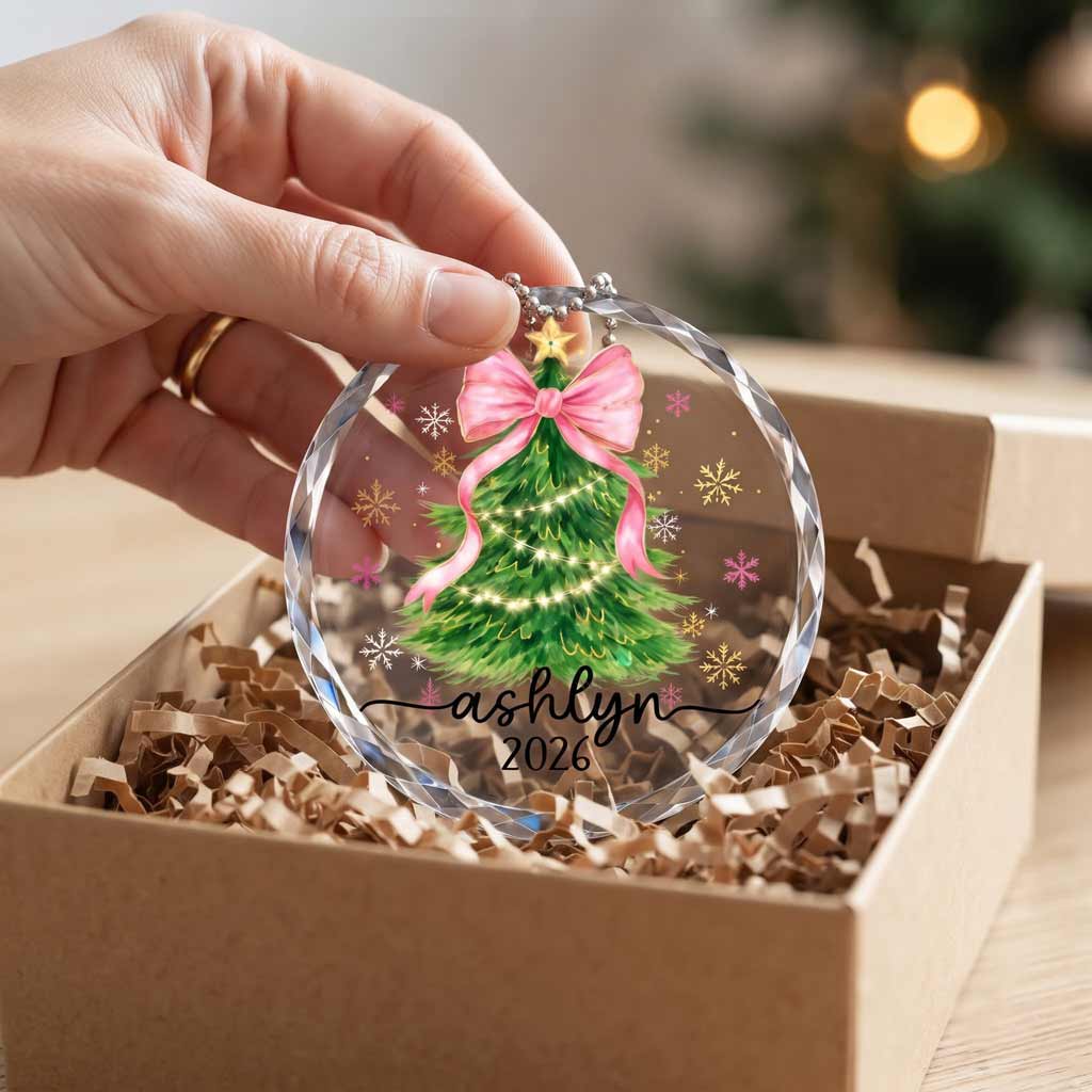 Pink Bow Christmas Tree 2026  Soft Girl Christmas Keepsake Round Glass Christmas Ornament