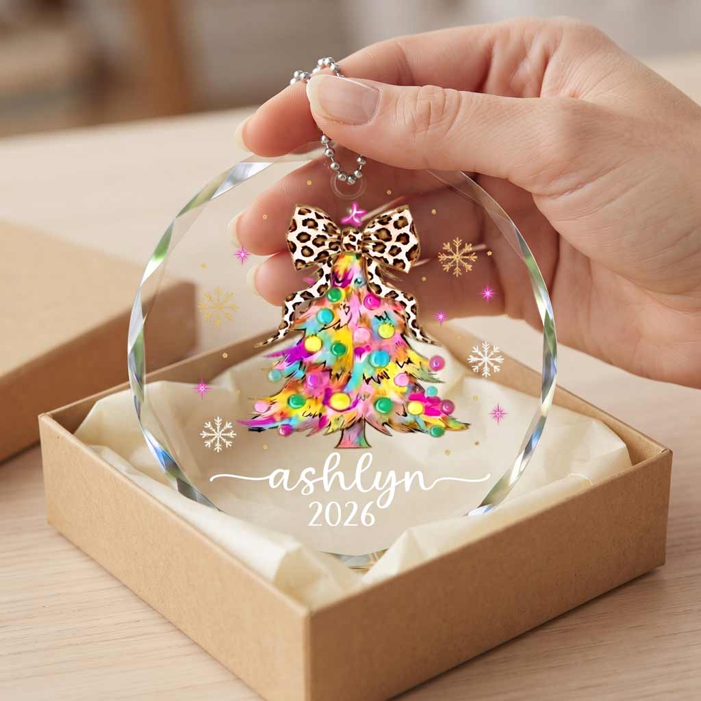 Colorful Christmas Tree Leopard Bow 2026 Custom Name  Christmas Keepsake Round Glass Christmas Ornament