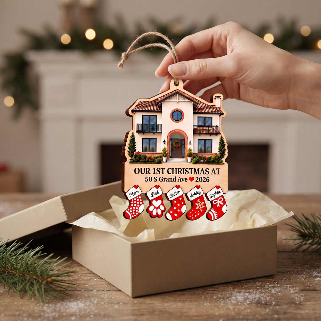 Our First Christmas at New Home Custom Home Photo Address Family Names 2-Layer Wooden Christmas Ornament