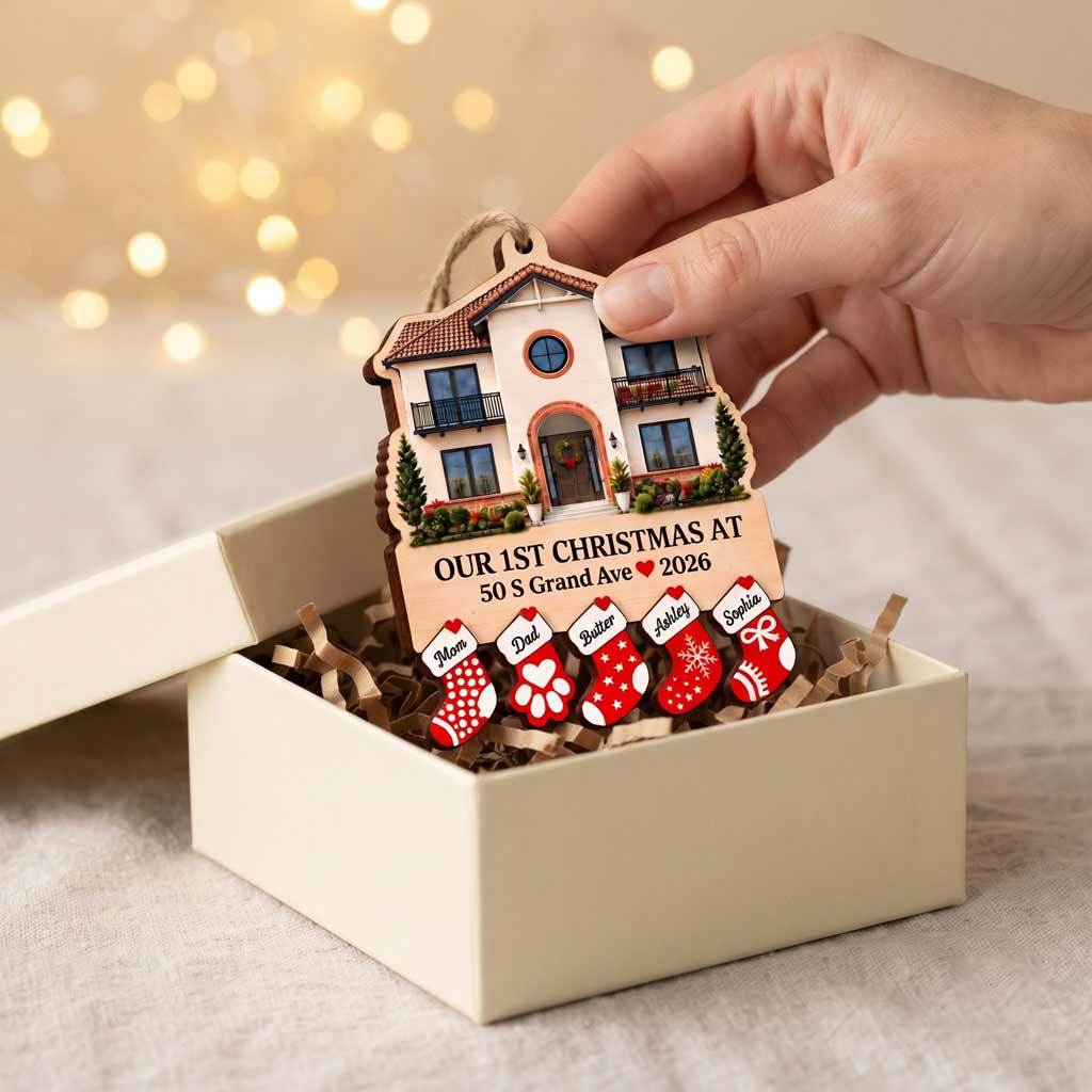 Our First Christmas at New Home Custom Home Photo Address Family Names 2-Layer Wooden Christmas Ornament