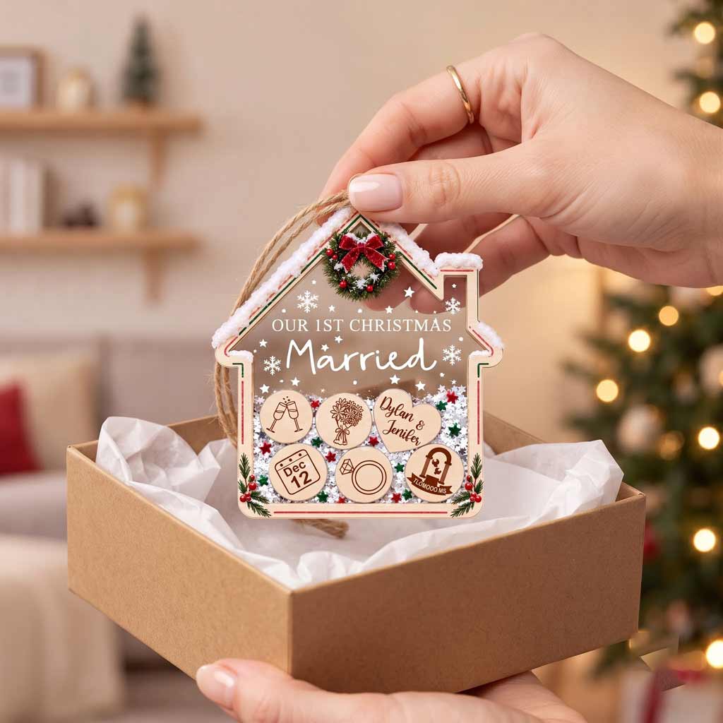 Our First Christmas Married Custom Name Date Wedding Keepsake House Acrylic Christmas Ornament