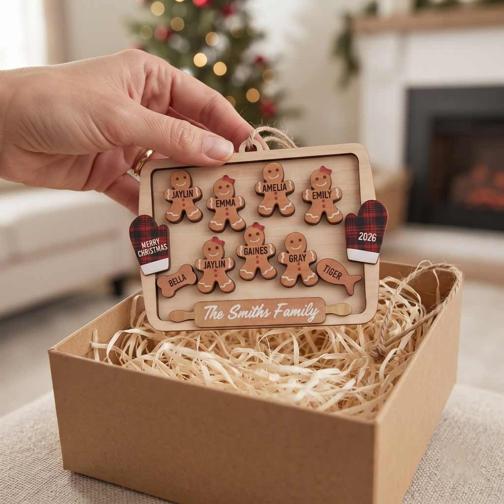 Gingerbread Cooking Family Christmas 2026 Custom Family Name Kids Names 2-Layer Wooden Christmas Ornament