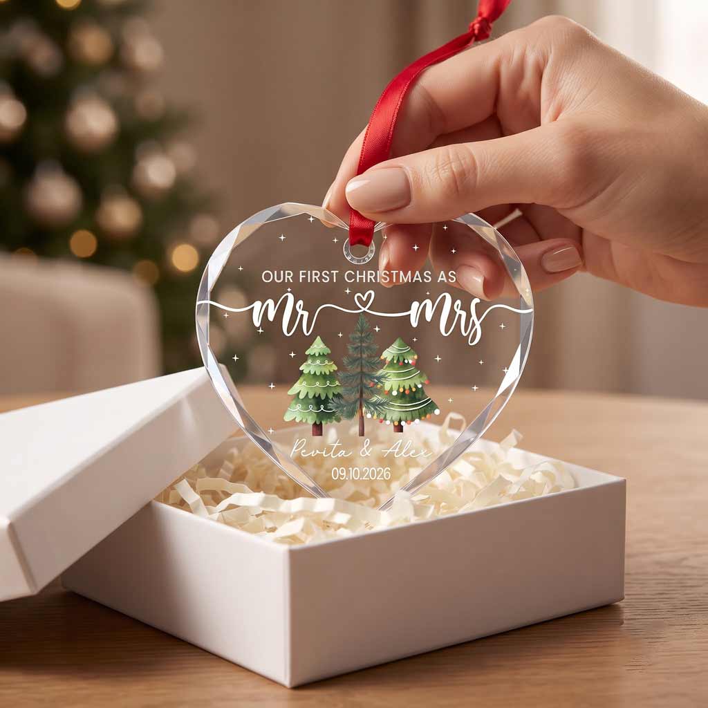 Our First Christmas as Mr & Mrs Custom Couple Name Date Wedding Heart Glass Christmas Ornament