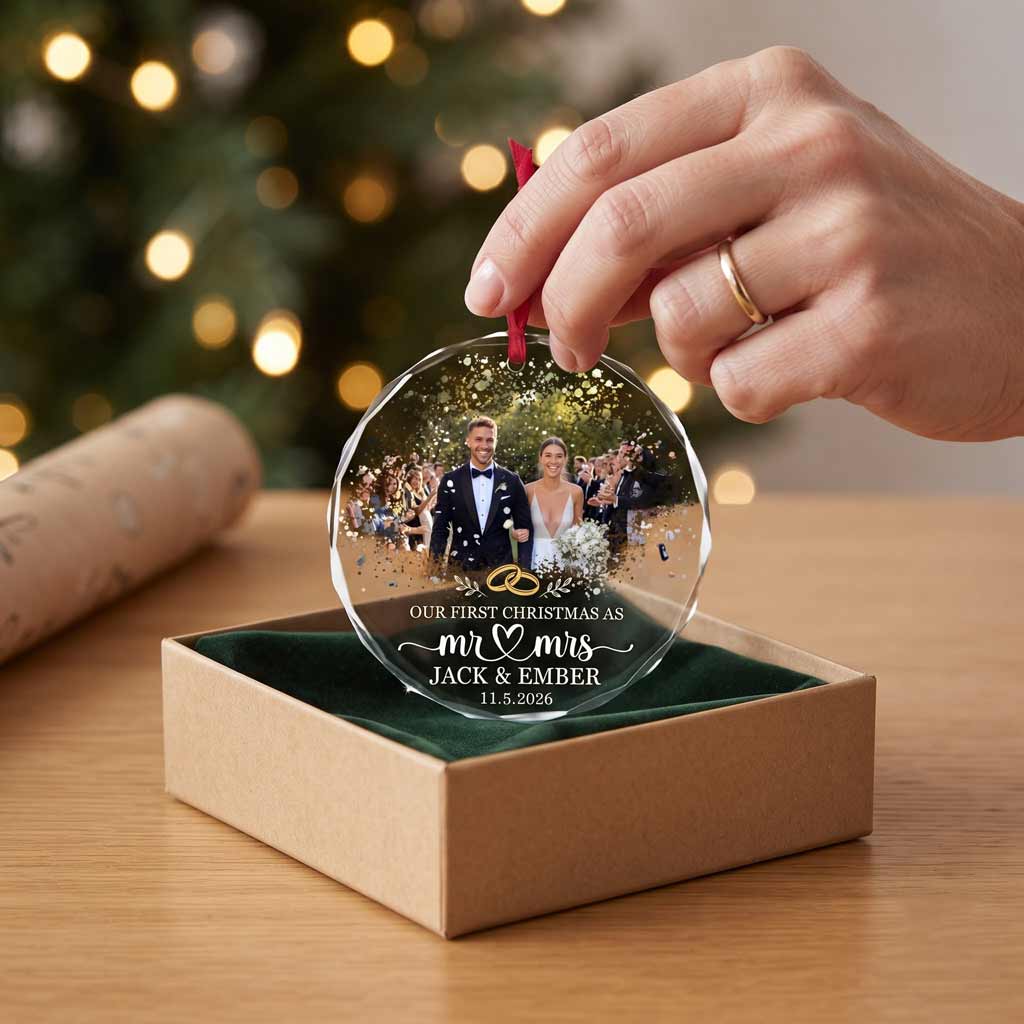Our First Christmas as Mr & Mrs 2026 Custom Photo Wedding Anniversary Keepsake Round Glass Christmas Ornament