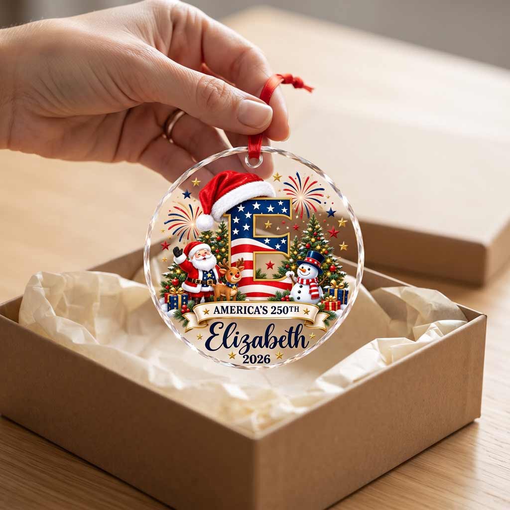 America's 250th Christmas Initial Custom Name 2026 Patriotic Round Glass Christmas Ornament