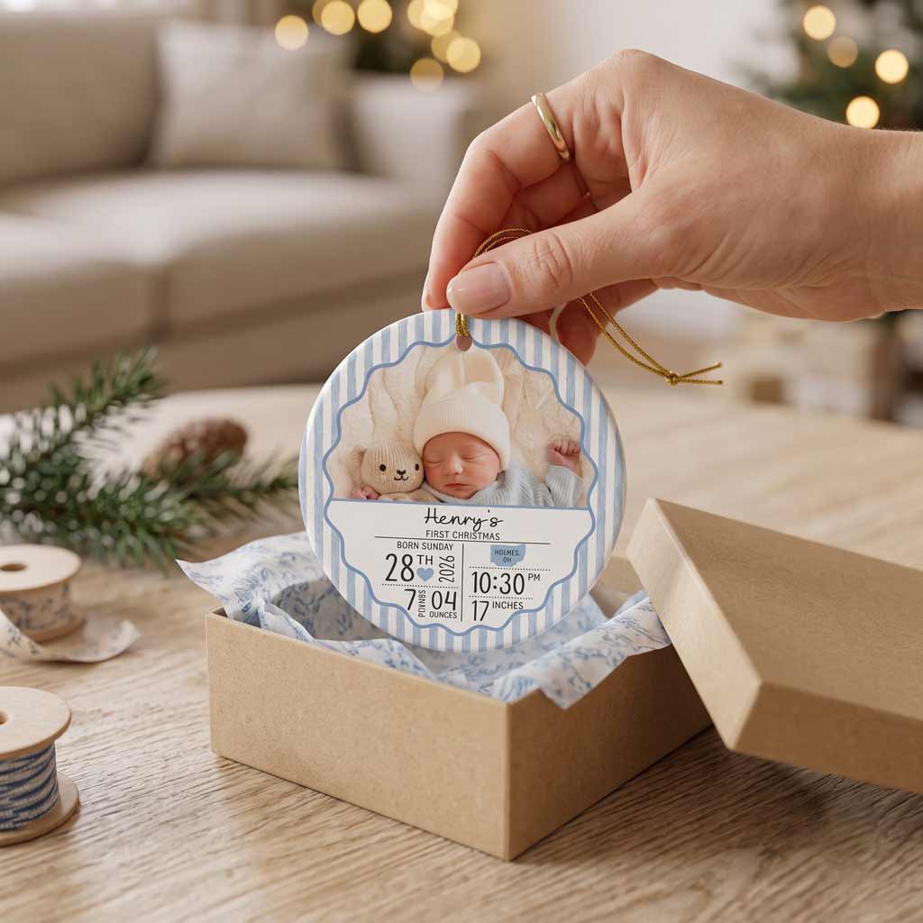 Baby's First Christmas Custom Photo Name Birth Details Newborn Baby Round Ceramic Christmas Ornament