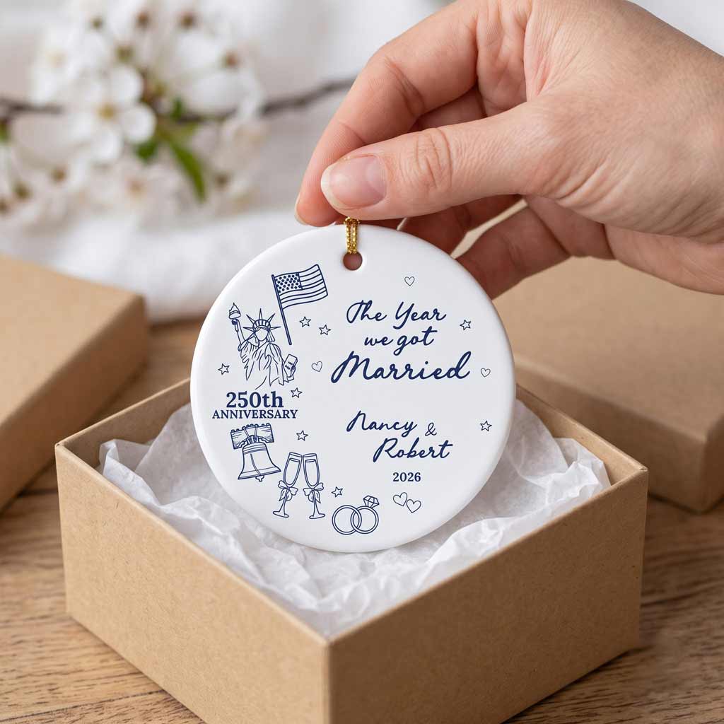 The Year We Got Married America's 250th Anniversary Custom Name Date Couple Patriotic Wedding Keepsake Round Ceramic Ornament
