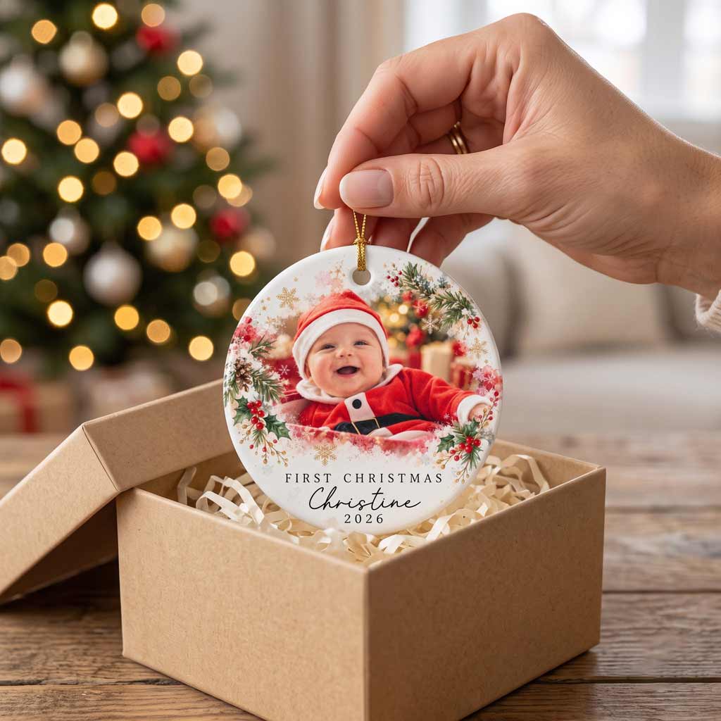 Baby's First Christmas Santa Custom Uniique Newborn Keepsake Round Ceramic Ornament