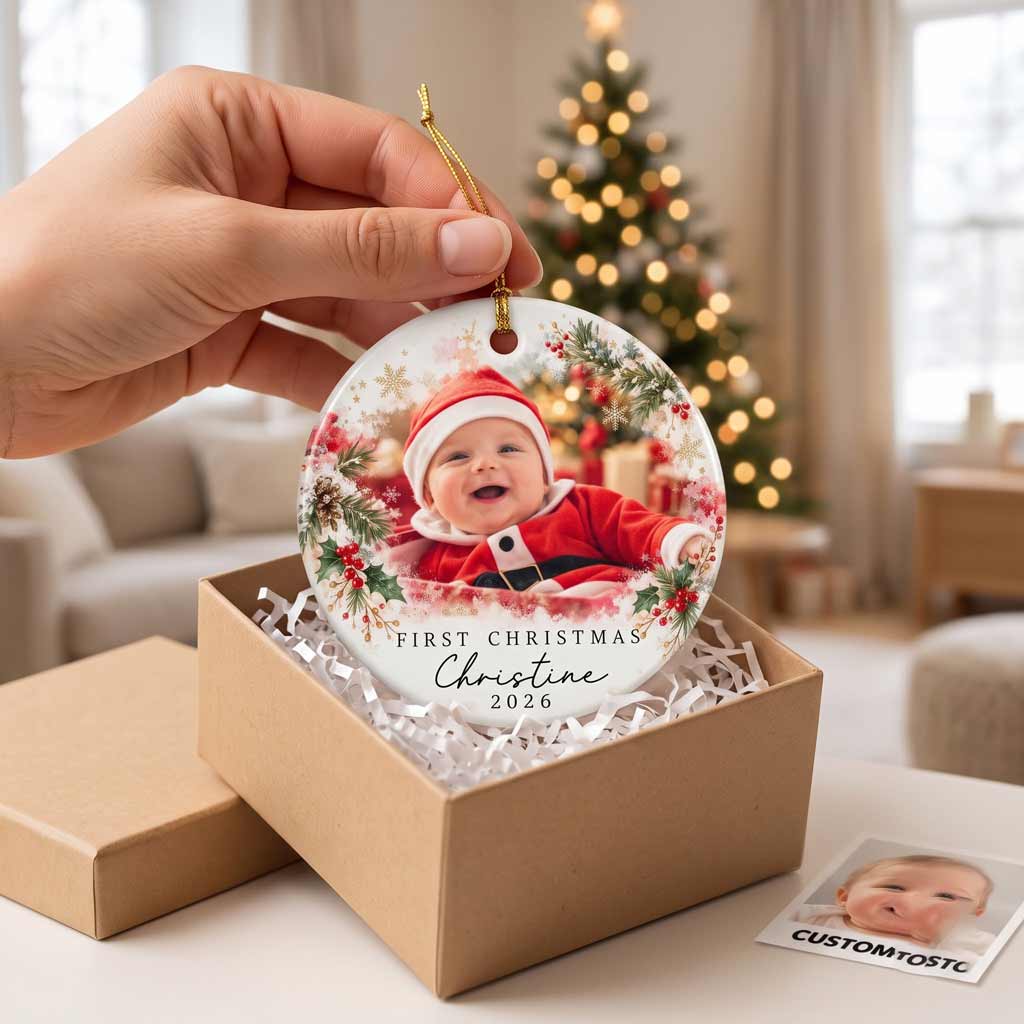 Baby's First Christmas Santa Custom Uniique Newborn Keepsake Round Ceramic Ornament