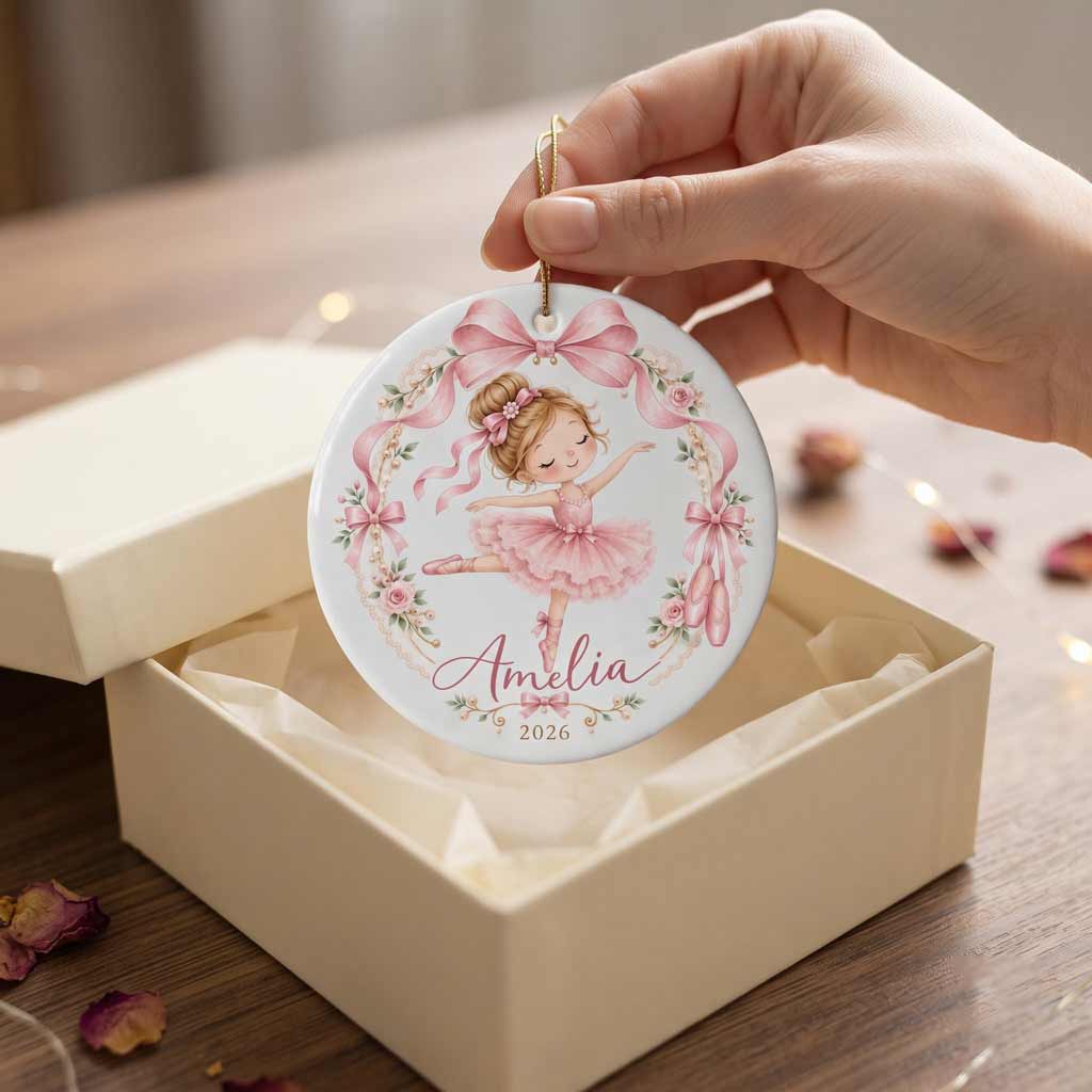Pink Ballerina Floral Bow Custom Name Year Ballet Dancer Girl Round Ceramic Ornament