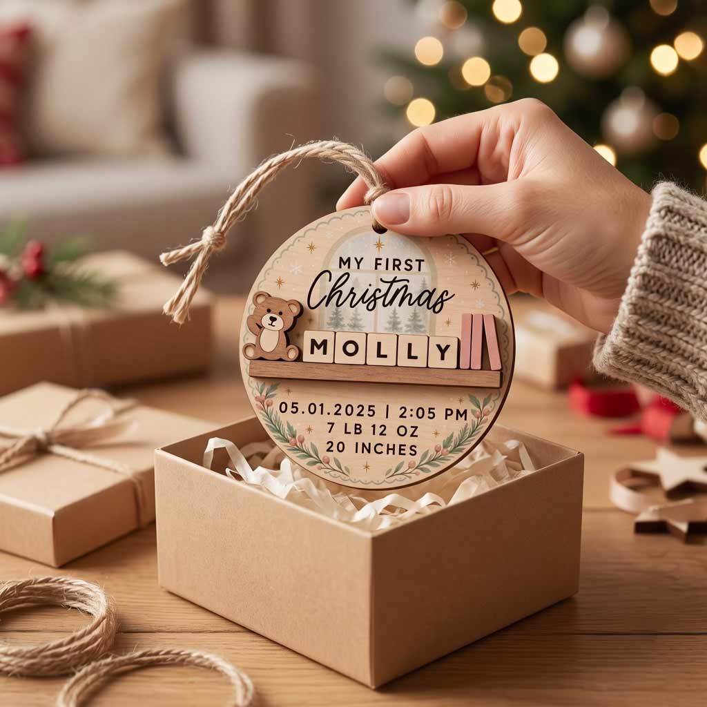 My First Christmas Teddy Bear Custom Birth Details Newborn Baby Gift Wooden Christmas Ornament