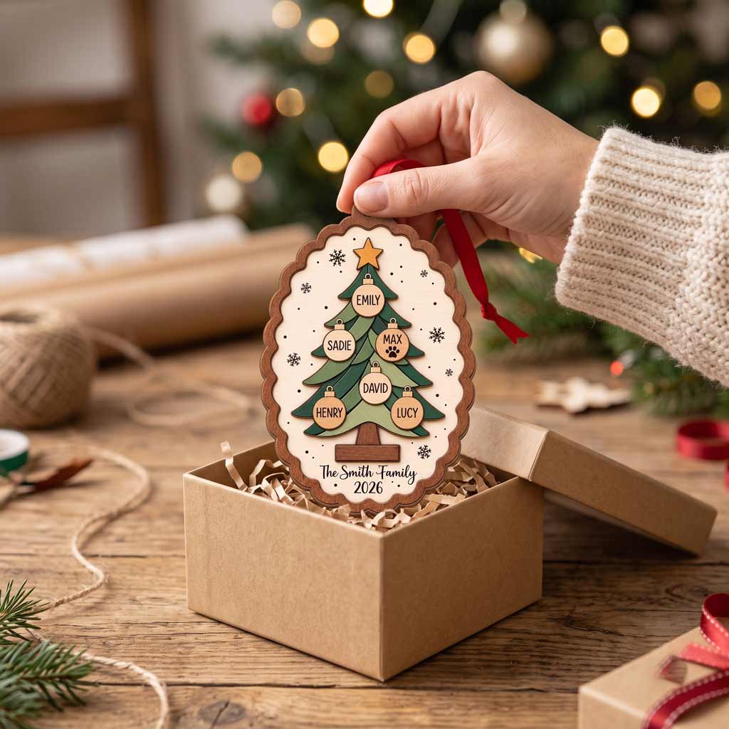 Family Christmas Tree 2026 Custom Family Names Family Holiday Keepsake Gift Wooden Christmas Ornament