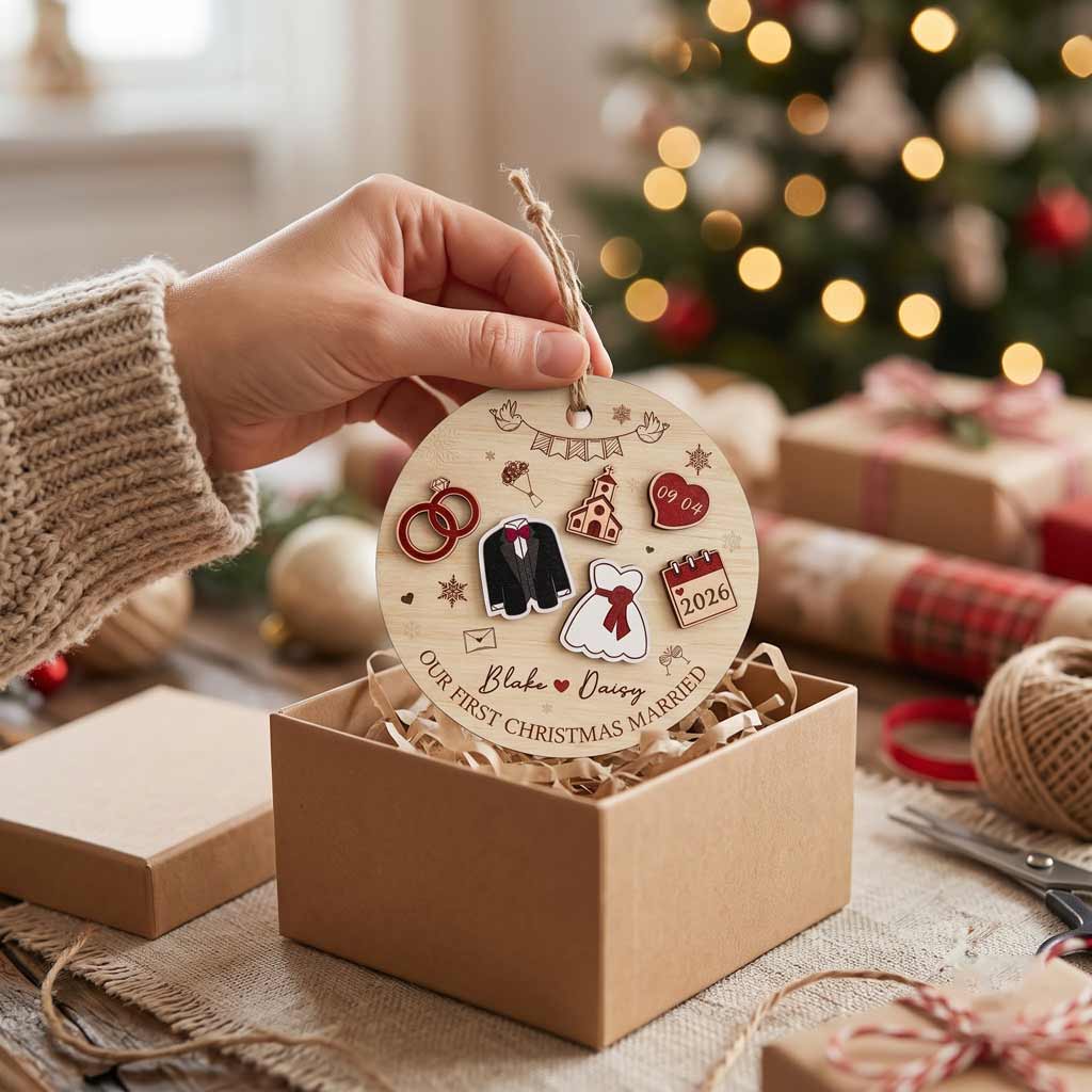 Our First Christmas Married 2026 Wedding Icons Custom Name & Date Wedding Newlywed Couple Gift Wooden Christmas Ornament