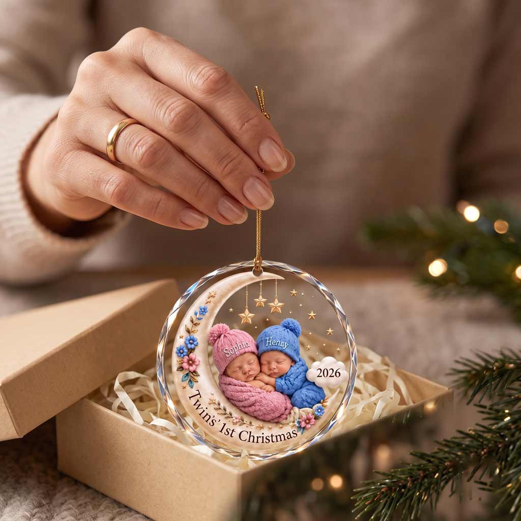 Twins' First Christmas 2026 Baby in Moon and Stars Photo Keepsake Personalized Newborn Round Glass Christmas Ornament