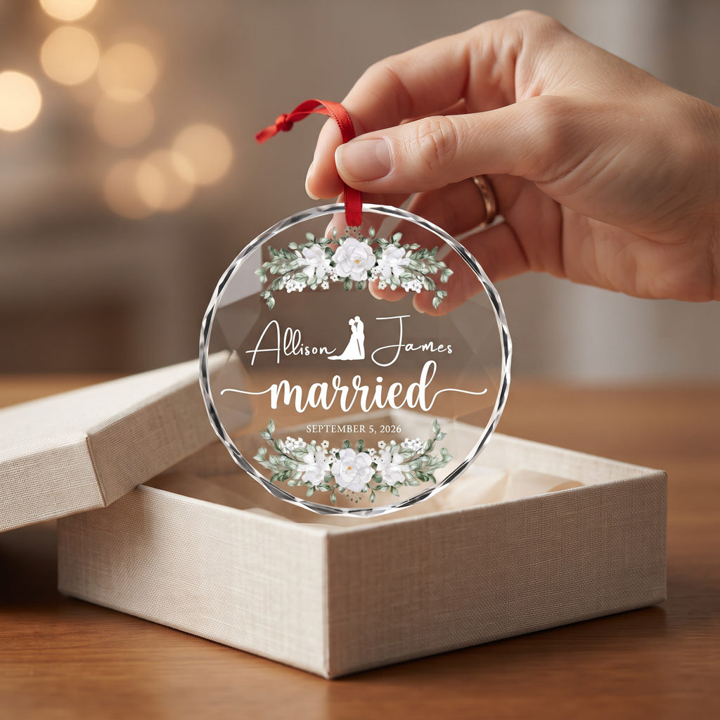 Married Floral Wedding Custom Names Date Wedding Keepsake Anniversary Gift Round Glass Christmas Ornament