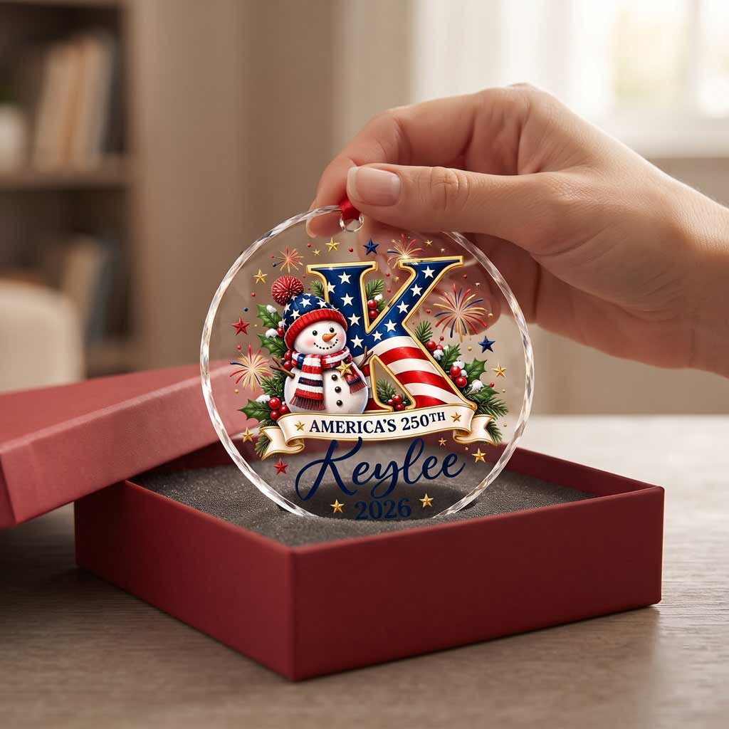 America's 250th Snowman Initial Custom Name 2026 Patriotic Round Glass Christmas Ornament