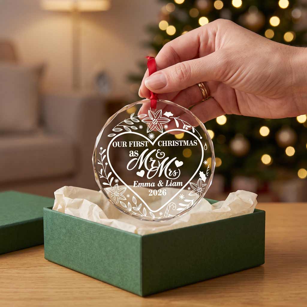 Our First Christmas as Mr & Mrs Floral Heart Custom Wedding Couple Newlywed Gift Round Glass  Ornament