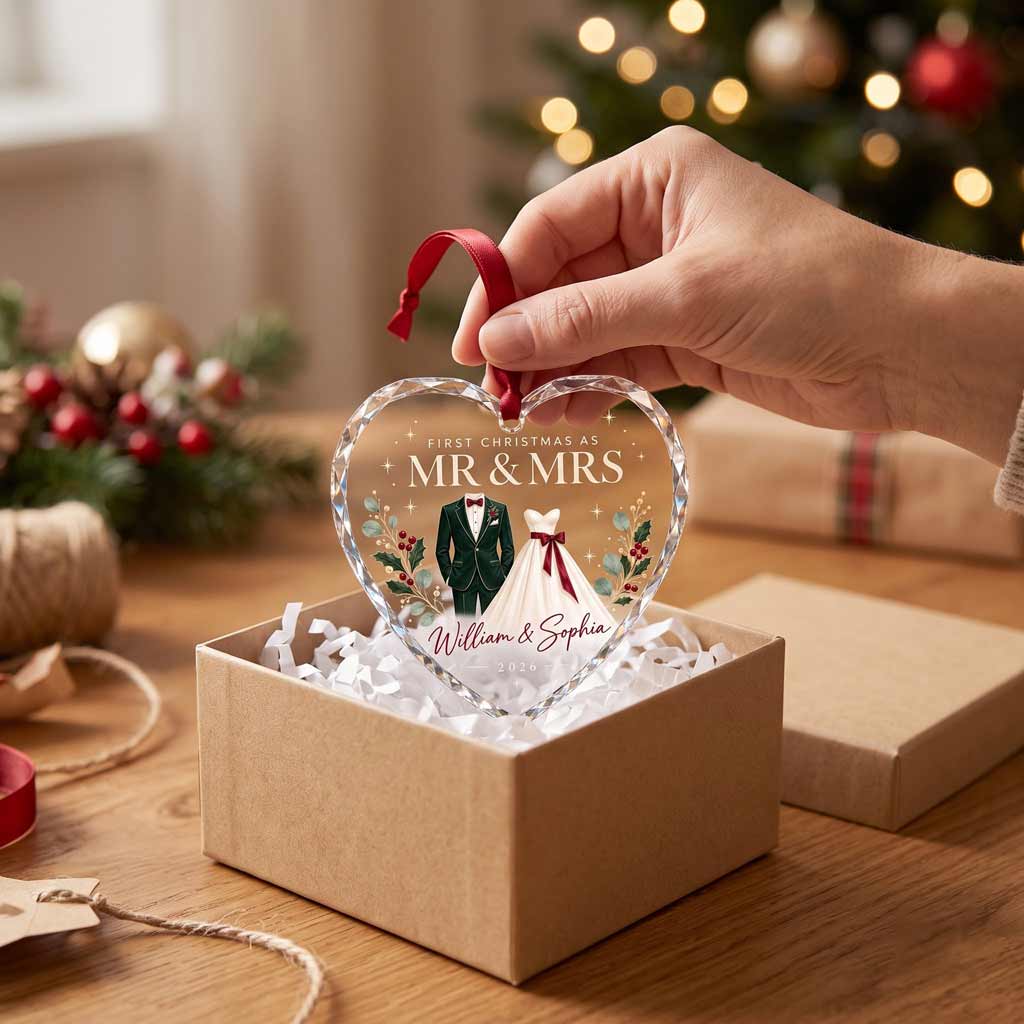 First Christmas As Mr & Mrs Wedding Suit And Dress Custom Name & Date Couple Newlywed Gift Heart Glass Ornament