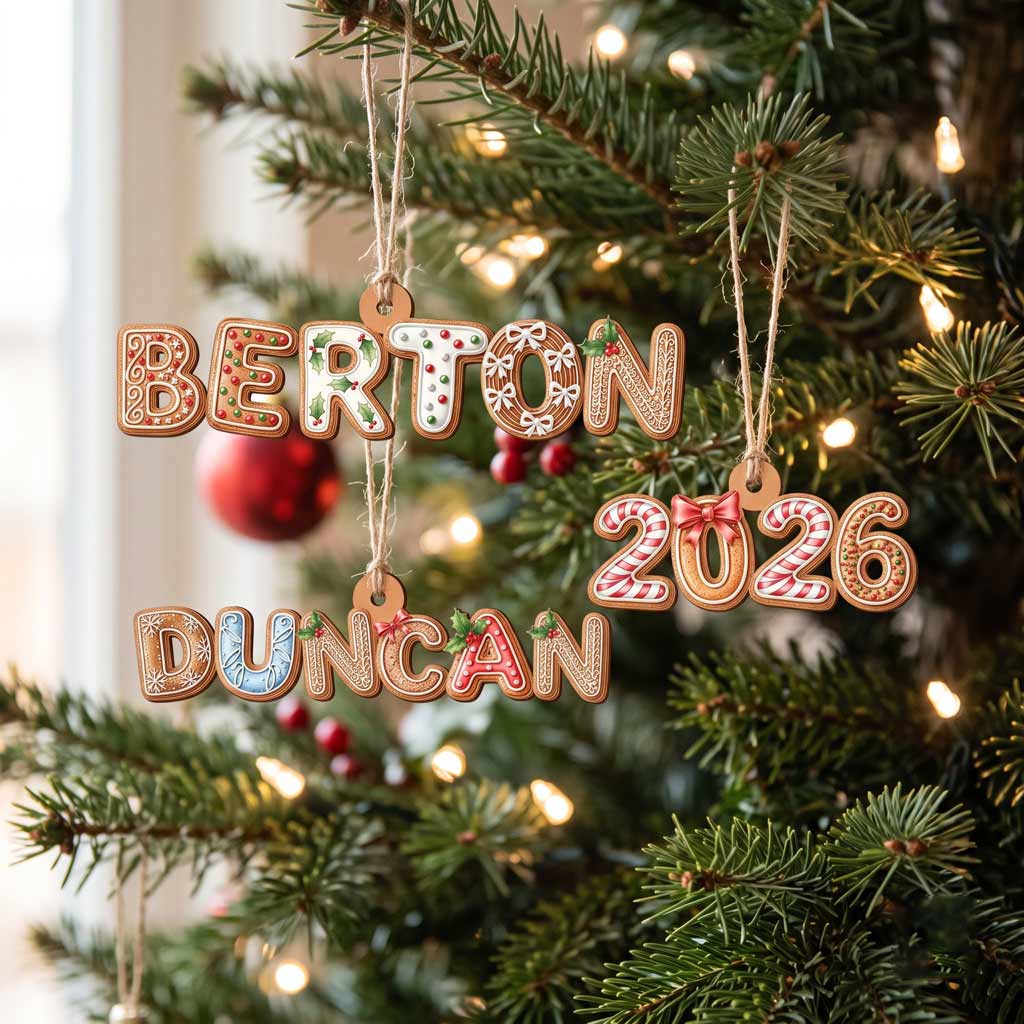 Gingerbread Christmas Alphabet Custom Name Initial Family Holiday Gift Wooden Christmas Ornament