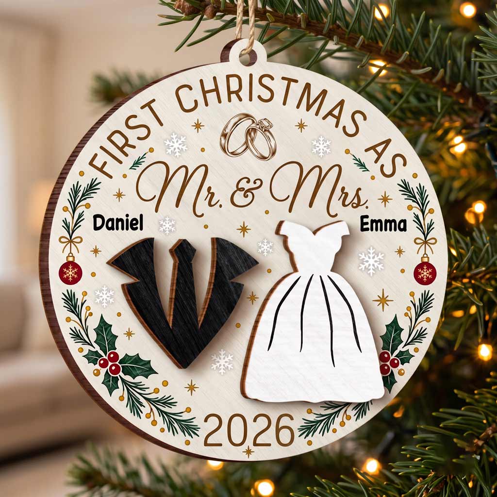 First Christmas As Mr & Mrs 2026 Wedding Rings Bride Groom Custom Name Wedding Newlywed Keepsake Wooden Christmas Ornament