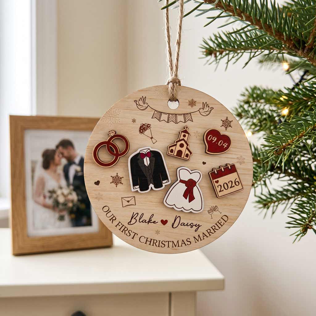 Our First Christmas Married 2026 Wedding Icons Custom Name & Date Wedding Newlywed Couple Gift Wooden Christmas Ornament
