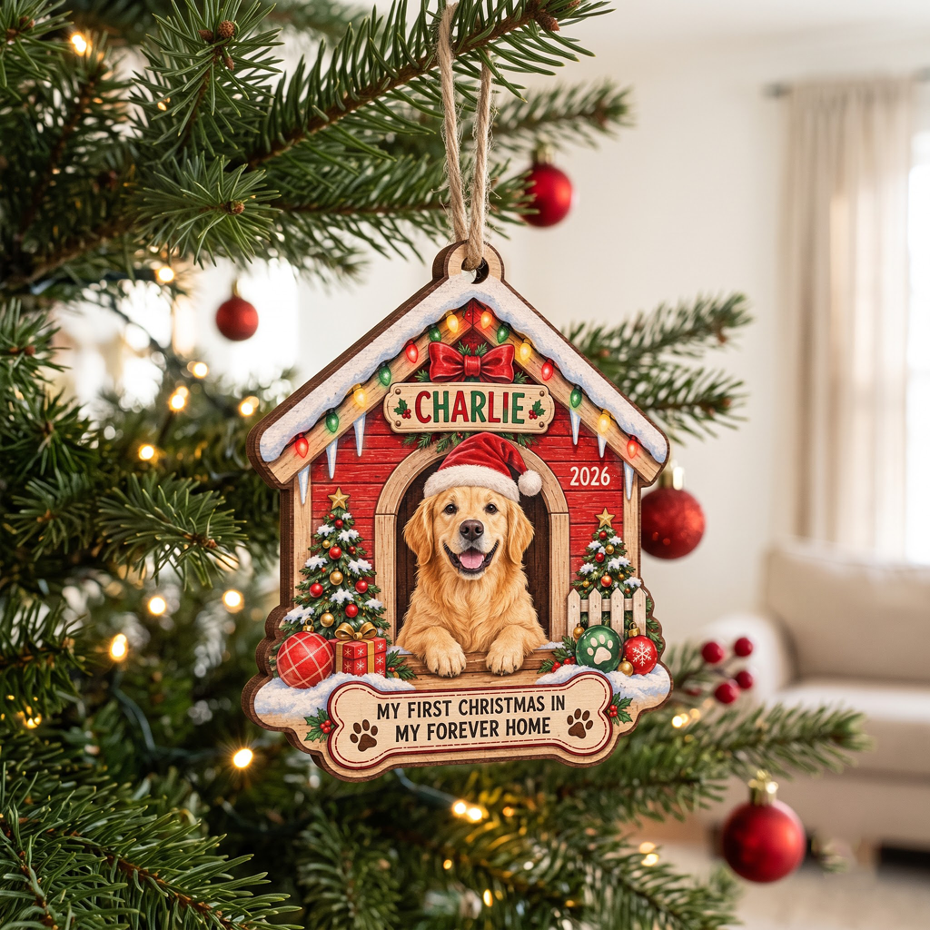 My First Christmas In Forever Home for Dog Mom Custom Dog Name Address Home Pet Wooden Ornament