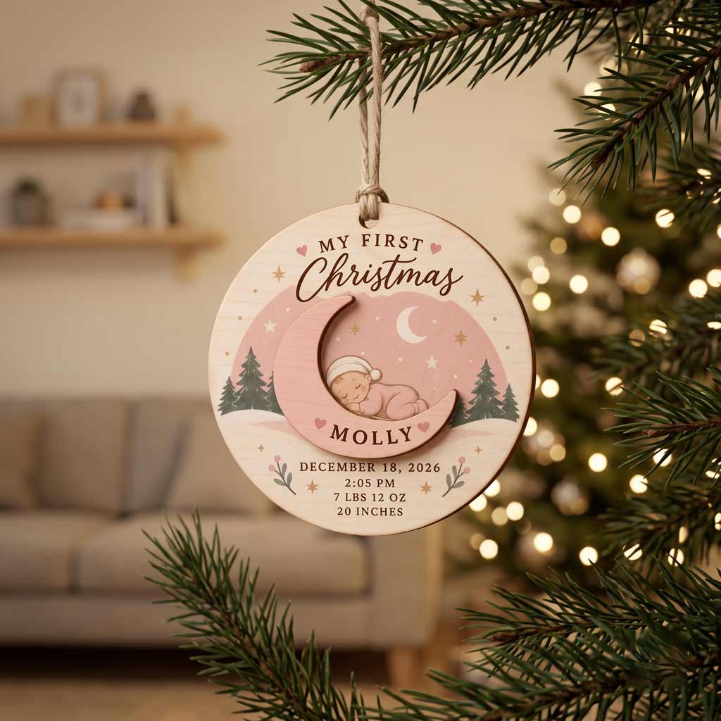 My First Christmas Moon Baby Custom Name Birth Details Newborn Baby Gift Wooden Christmas Ornament