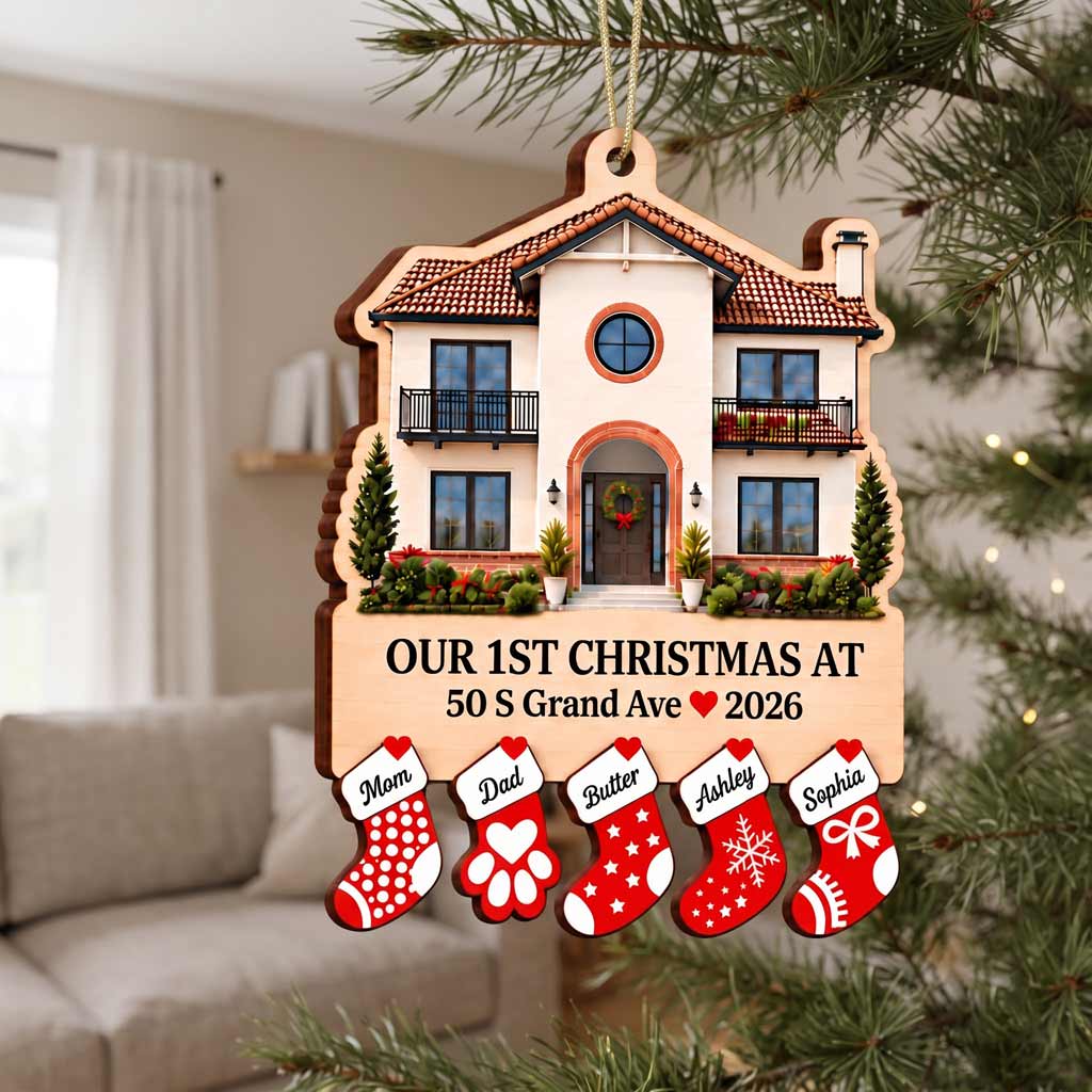 Our First Christmas at New Home Custom Home Photo Address Family Names 2-Layer Wooden Christmas Ornament