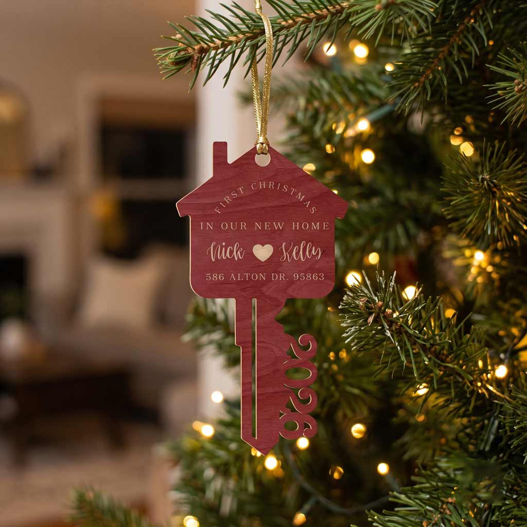 First Christmas In Our New Home 2026 House Key Custom Address New Home Wooden Ornament