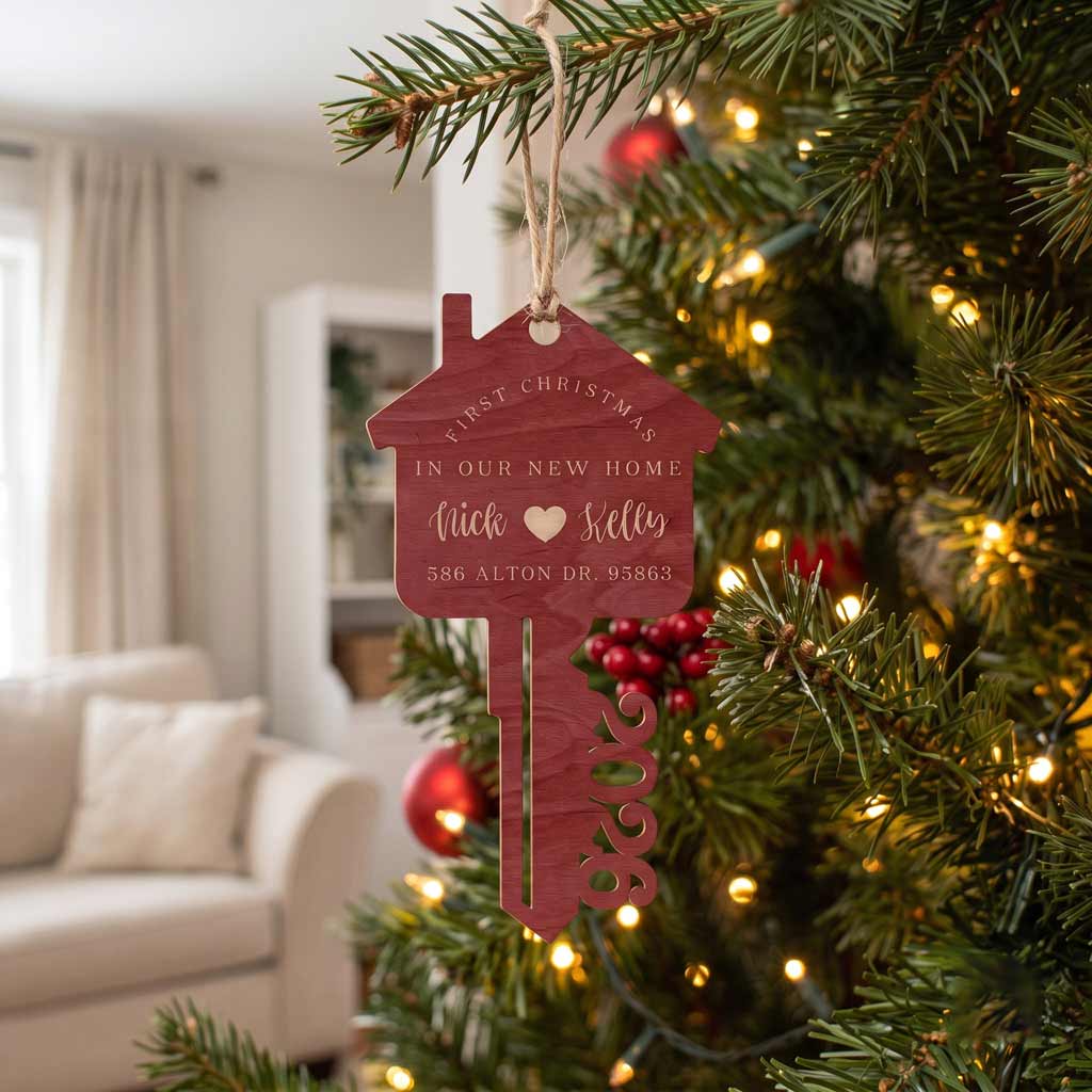 First Christmas In Our New Home 2026 House Key Custom Address New Home Wooden Ornament