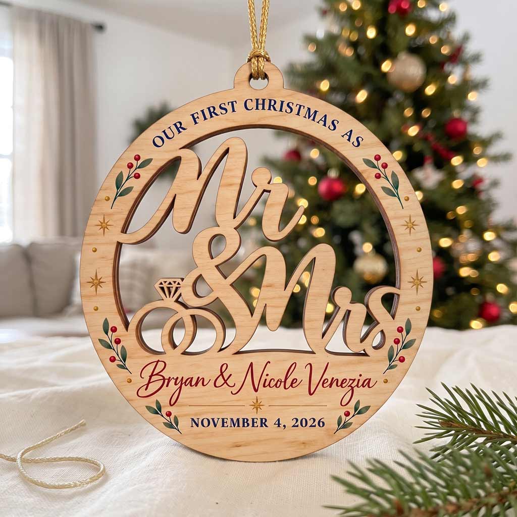Our First Christmas As Mr & Mrs Custom Name & Date Wedding Newlywed Couple Gift Wooden Christmas Ornament
