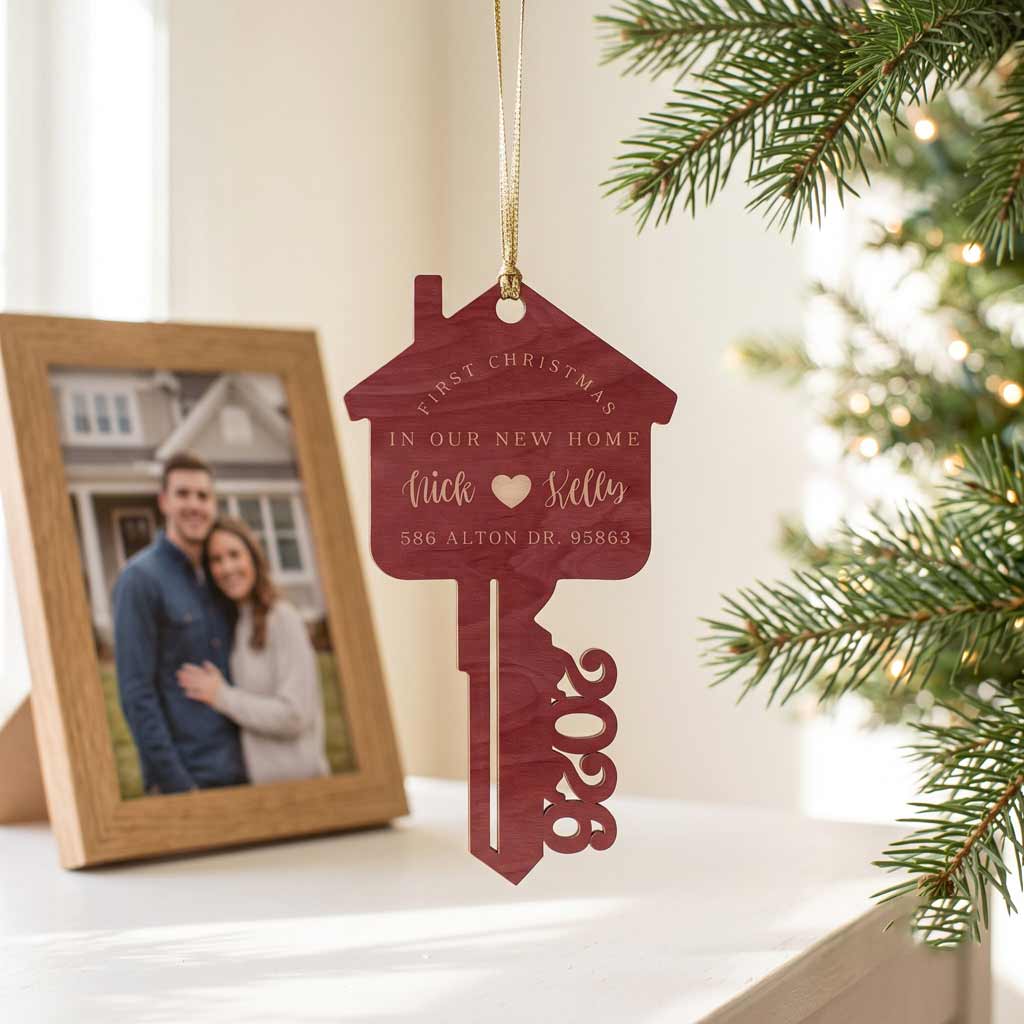 First Christmas In Our New Home 2026 House Key Custom Address New Home Wooden Ornament