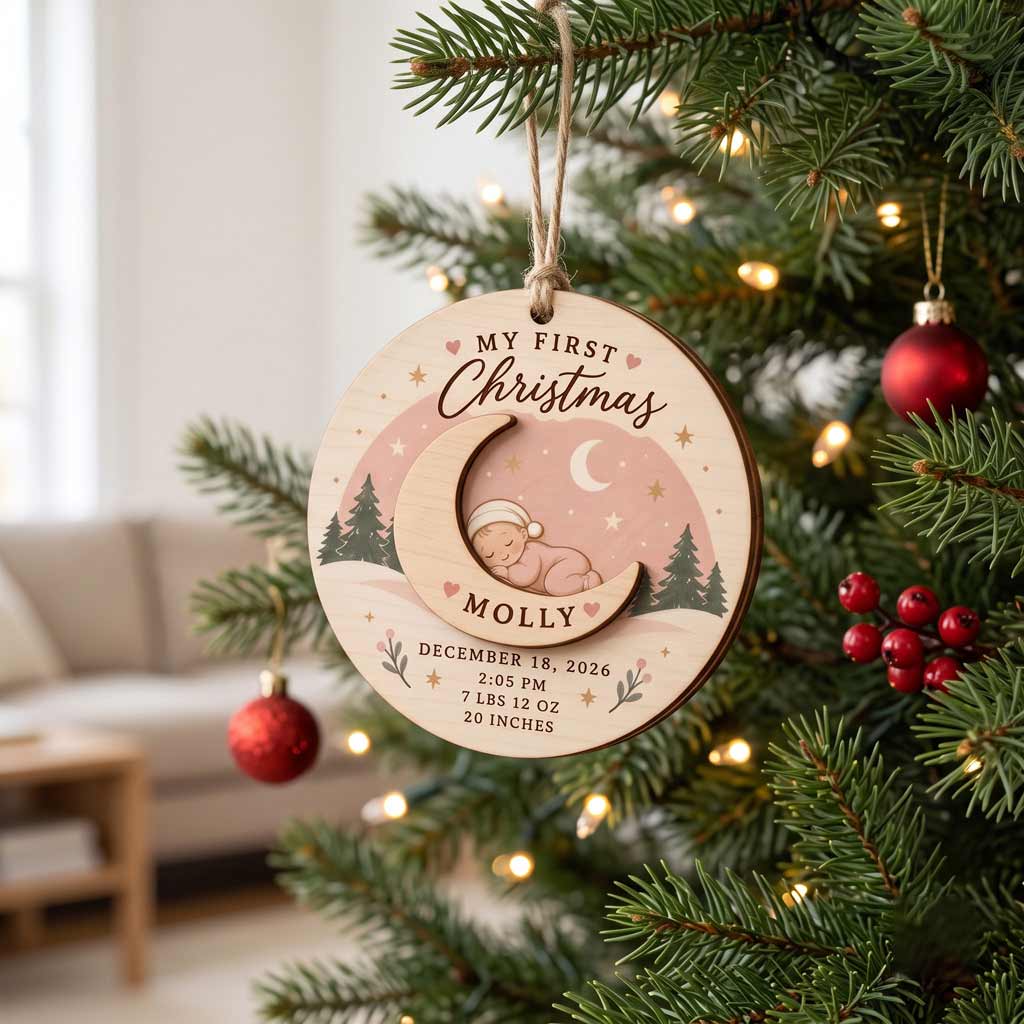 My First Christmas Moon Baby Custom Name Birth Details Newborn Baby Gift Wooden Christmas Ornament