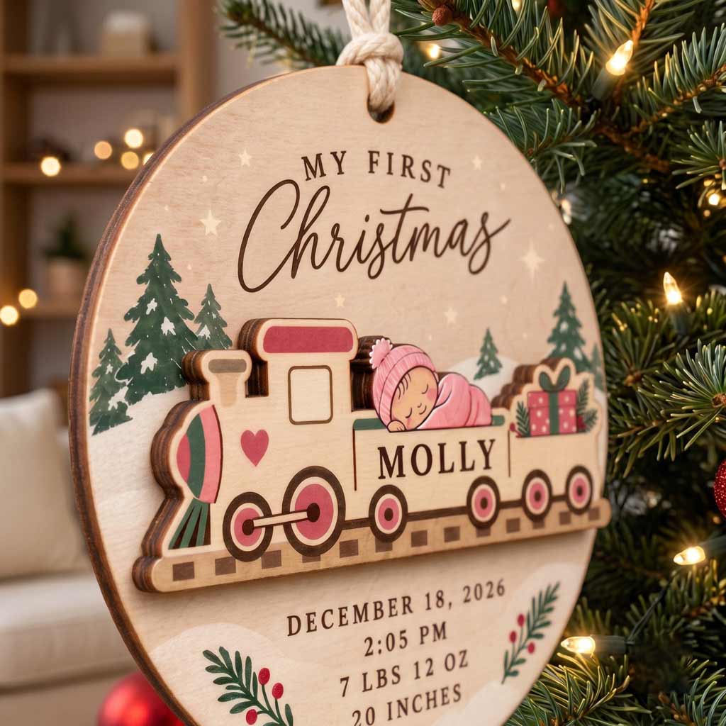 My First Christmas Baby Train Custom Birth Details Newborn Baby Gift Wooden Christmas Ornament