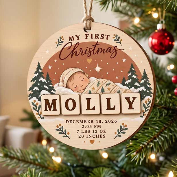 My First Christmas Baby Birth Stats Custom Name Date Newborn Baby Keepsake Wooden Christmas Ornament