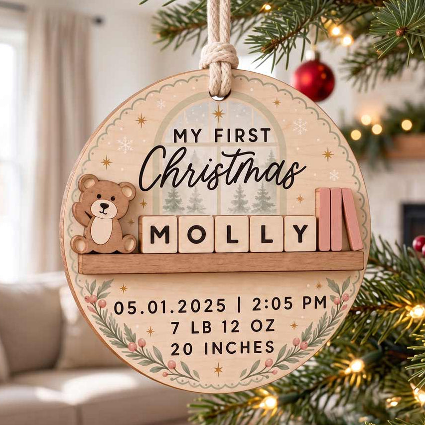 My First Christmas Teddy Bear Custom Birth Details Newborn Baby Gift Wooden Christmas Ornament
