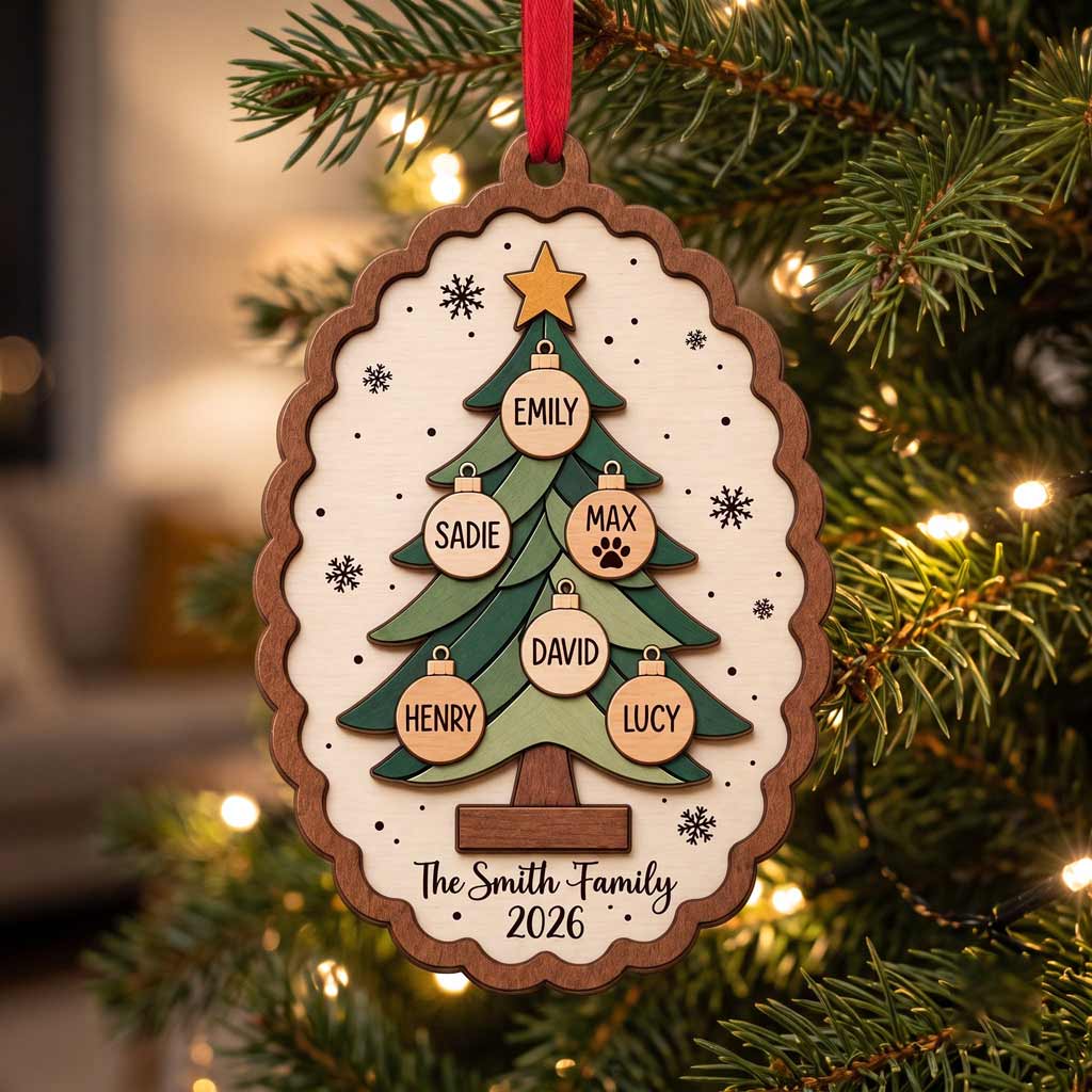Family Christmas Tree 2026 Custom Family Names Family Holiday Keepsake Gift Wooden Christmas Ornament