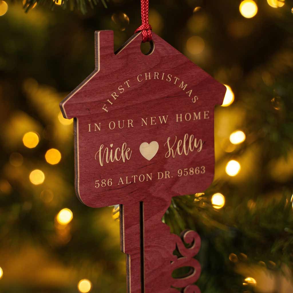 First Christmas In Our New Home 2026 House Key Custom Address New Home Wooden Ornament