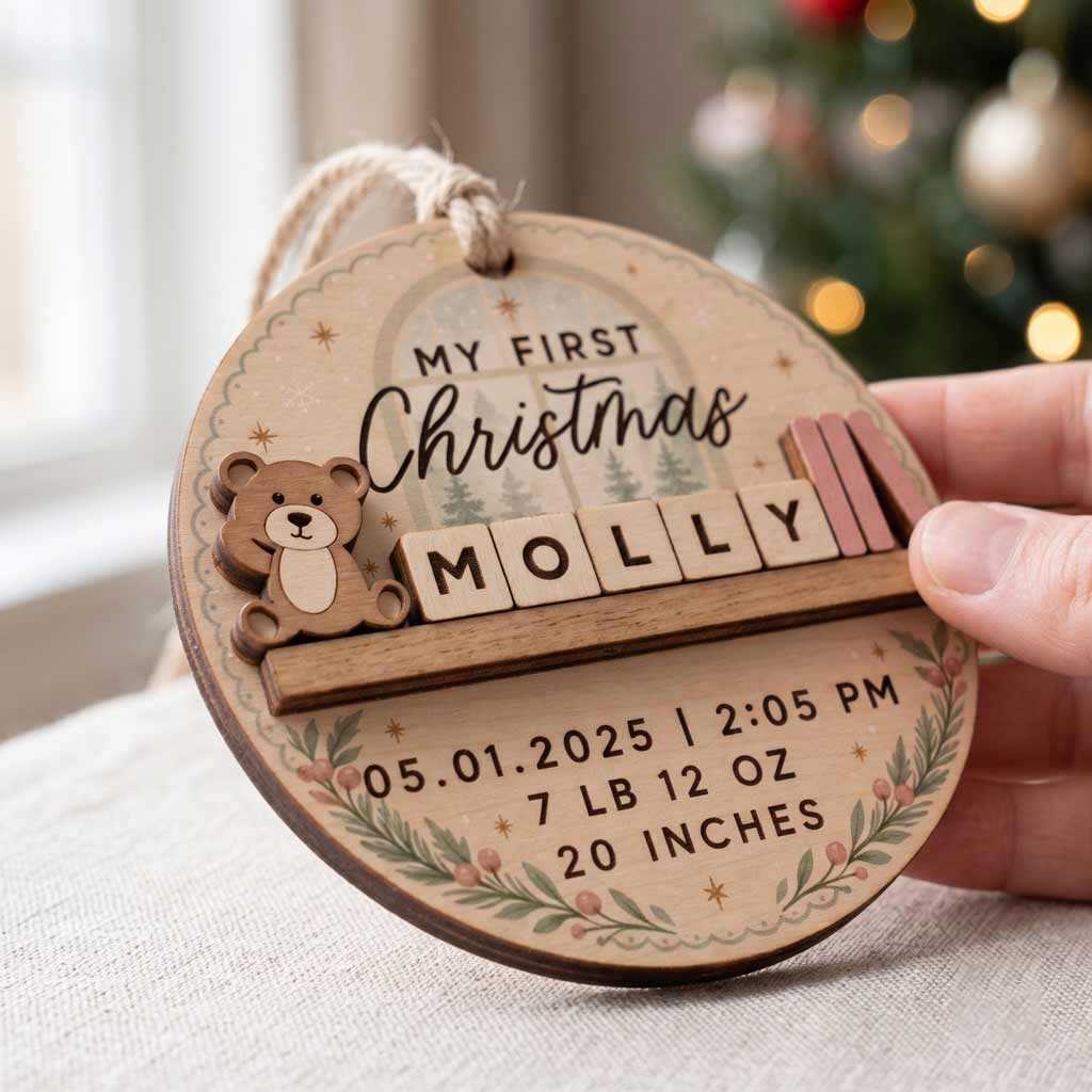 My First Christmas Teddy Bear Custom Birth Details Newborn Baby Gift Wooden Christmas Ornament