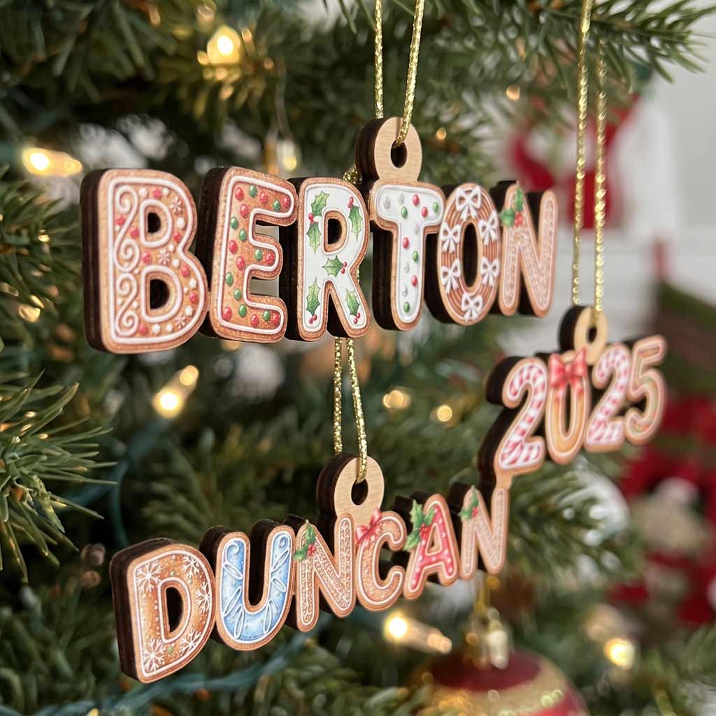 Gingerbread Christmas Alphabet Custom Name Initial Family Holiday Gift Wooden Christmas Ornament