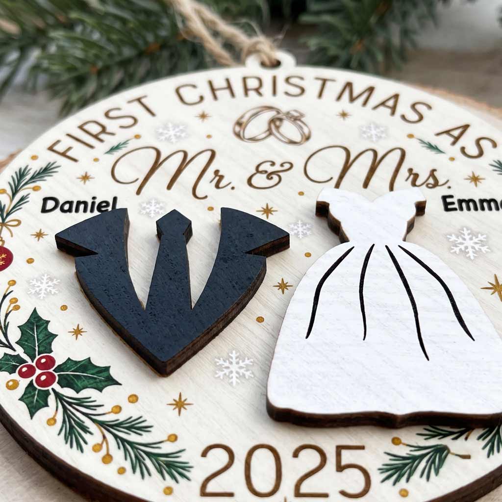 First Christmas As Mr & Mrs 2026 Wedding Rings Bride Groom Custom Name Wedding Newlywed Keepsake Wooden Christmas Ornament
