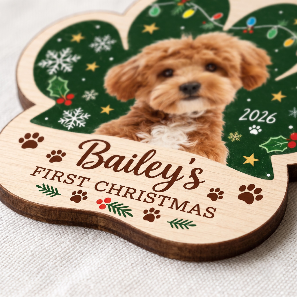 Dog's First Christmas Custom Photo Name Dog Photo Wooden Ornament