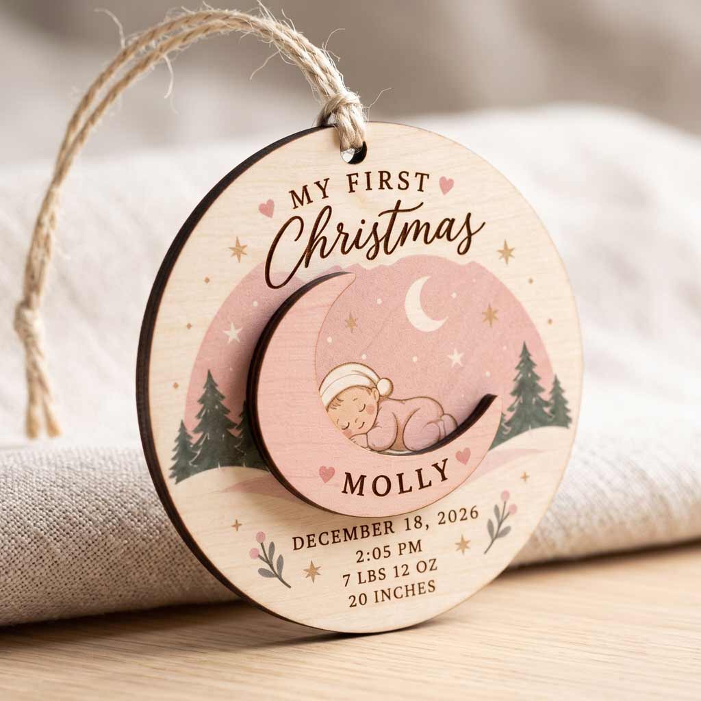 My First Christmas Moon Baby Custom Name Birth Details Newborn Baby Gift Wooden Christmas Ornament
